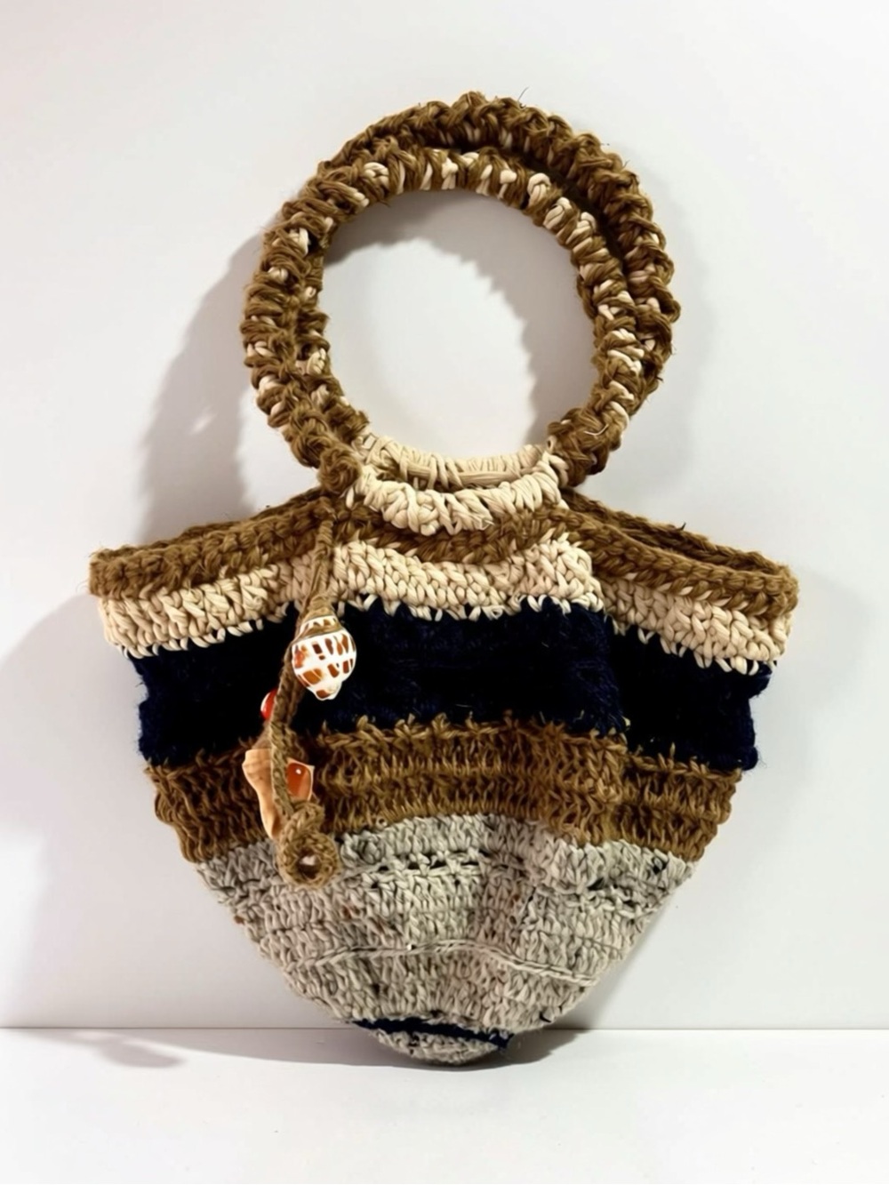 Handwoven Striped Crochet Round-Handle Tote in Brown, Cream & Black